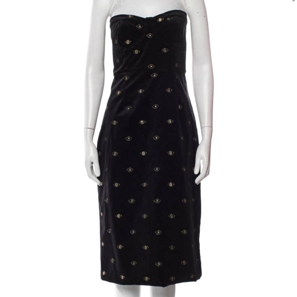 MISA Black Velvet w/ Gold Evil Eye Detail Strapless Corset Top Dress